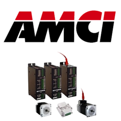 The AMCI Company logo and an image of their motor and drive offerings