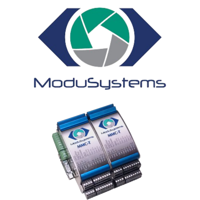 The ModuSystems company logo and an image of their modular controls and drive solution