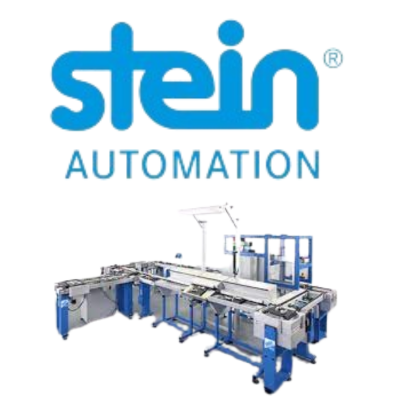 The Stein Automation Company Logo and an example of their 300 series pallet conveyor. 