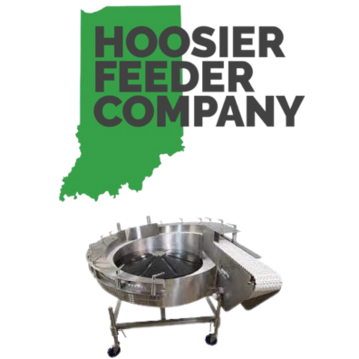 The Hoosier Feeder company logo and an image of a vibratory feeder