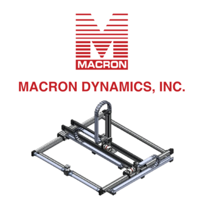 The Macron Dynamics logo with an image of a macron multi-axis gantry system