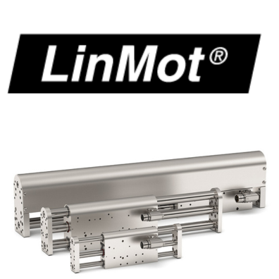 The LinMot company logo with an image of their linear motor actuators