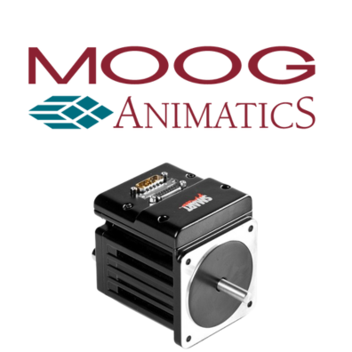 The Moog Animatics company logo with an image of their integrates motor, the SmartMotor