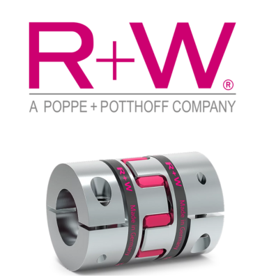 The R+W Coupling company logo with an image of an elastomer coupling