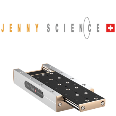 The Jenny Science company logo and an image of their Elax linear actuator stage